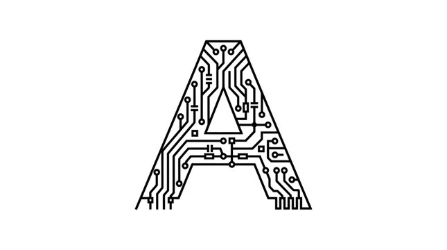 Letter a logo design, circuit board pattern, digital technology, electronic motherboard style, vector illustration
