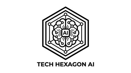 Obraz premium Tech hexagon ai logo design, artificial intelligence concept with brain and circuit board elements inside a hexagon frame