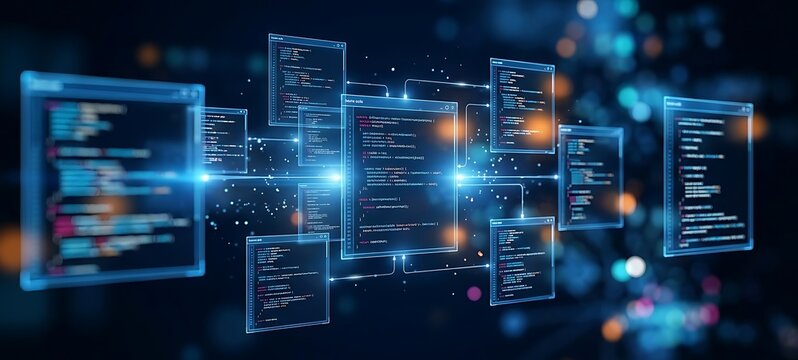 Abstract digital windows displaying glowing code lines and data streams, representing complex programming and network connectivity in a futuristic cyberspace