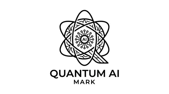 Quantum ai logo design, abstract technology symbol with atom orbits and circuit board elements, vector illustration