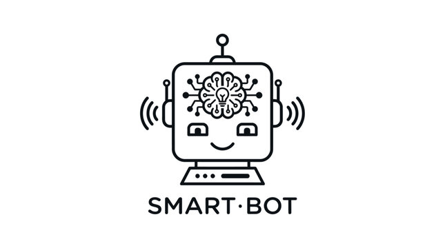 Smart bot logo design, artificial intelligence concept, robot head with circuit brain and light bulb icon