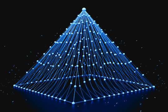 This 3D rendered visualization shows a glowing pyramidal data network, with connected nodes and lines forming a futuristic tech structure against a dark background.