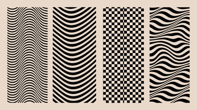 Four panels of black and white geometric patterns display wavy lines stripes and a checkered design