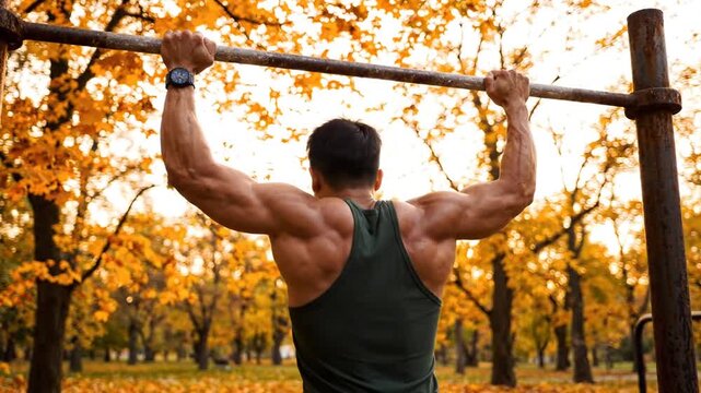 Muscular man doing pull-ups in an autumn park with vibrant orange leaves, showcasing strength and fitness