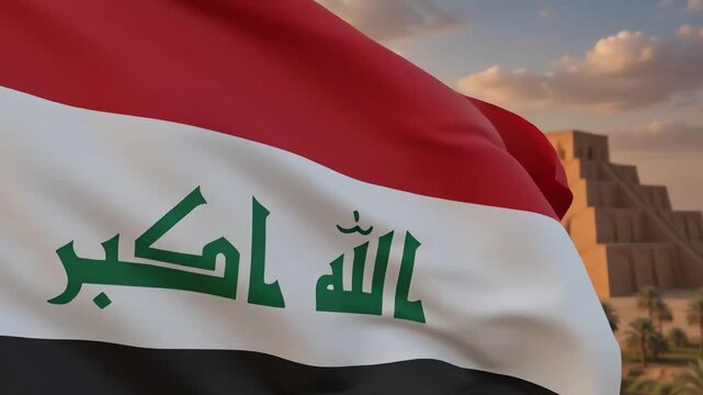 Waving national flag of iraq over historical ziggurat of ur. Suitable for historical, architectural, mesopotamianthemed designs, projects, and presentations.