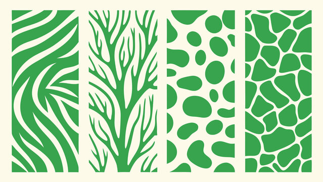 Nature inspired patterns featuring zebra stripes foliage spots and reptile scales in green vector illustration animal