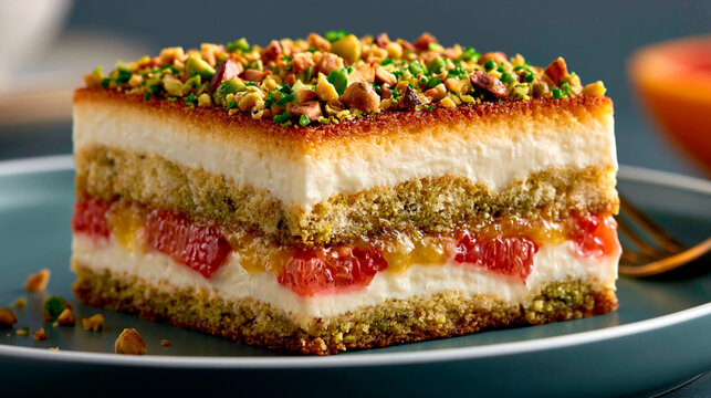 Layered pistachio cake with creamy filling, citrus fruit compote and crunchy nut topping, elegant gourmet dessert featuring rich textures and refined pastry presentation