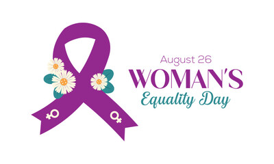 Fototapeta premium Women’s Equality Day banner with purple awareness ribbon, daisy flowers, female symbols, and elegant text for August 26.