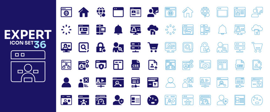Expert web icon set featuring 36 flat solid silhouette and thin line outline style icons for user interface UI UX design, browser, database, SEO optimization, and web development elements.