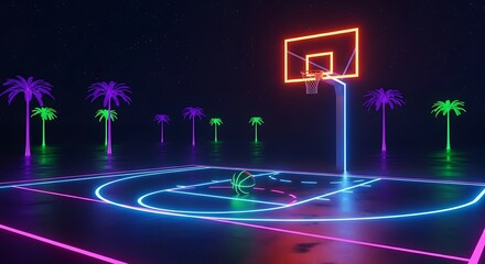 Fototapeta premium Neon Basketball Court with Palm Trees Night.
