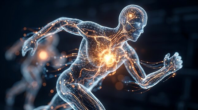 Futuristic human body network simulation with glowing lines and particles, representing digital connection, health data, and athletic performance analysis.