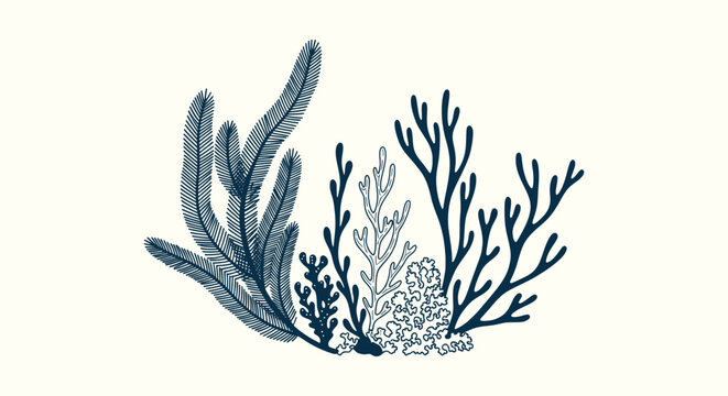 Hand drawn dark blue coral reef and sea plant illustration isolated on a neutral cream background.