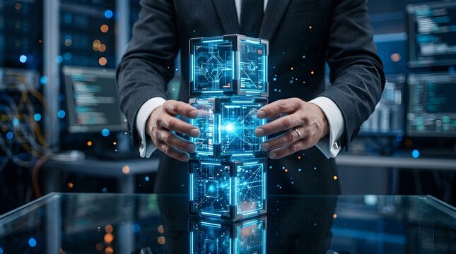 Executive person hands assembling a stack of illuminated technology cube modules representing cloud database system structural organization