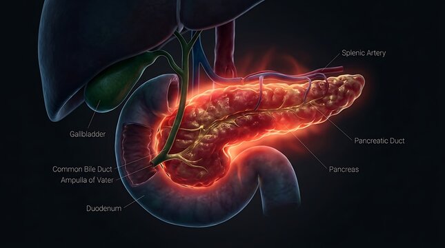 Anatomy visualization of the human pancreas showing inflammation or disease