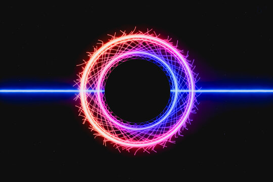 This is a sci-fi abstract background featuring dual neon light rings with gradient colors, crossed wireframe details and a horizontal light beam across a dark backdrop.