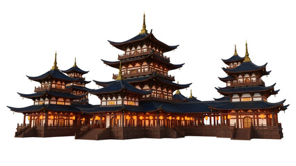 Fototapeta premium Traditional East Asian multi-tiered pagoda temple complex featuring dark blue tiled roofs, white plastered walls, and glowing orange lanterns isolated on a white background.