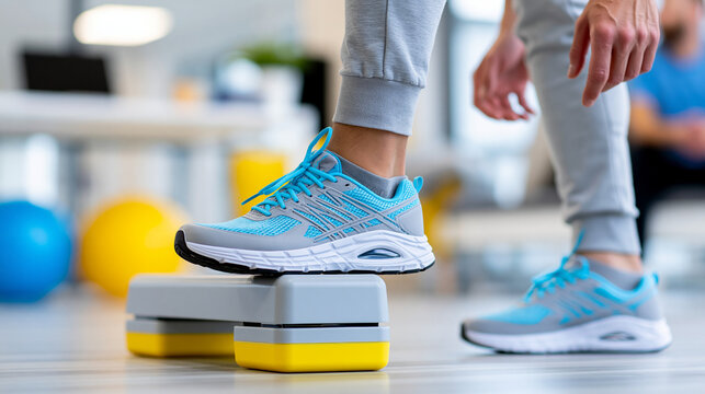 Sports physiotherapy balance training session, ankle stability and rehabilitation progress concept, faceless, defocused bright clinic background , with copy space