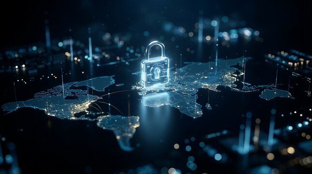 Digital global security concept with illuminated world map and glowing neon lock icon representing data protection and cyber safety.