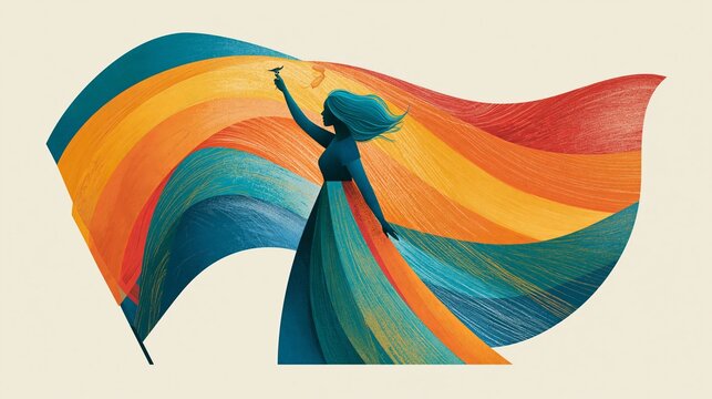 Lady waves colorful pride flag against a light backdrop.