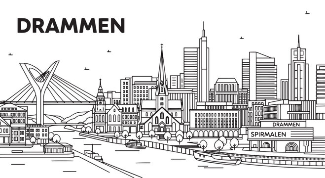 Drammen Norway Cityscape Black and White Illustration