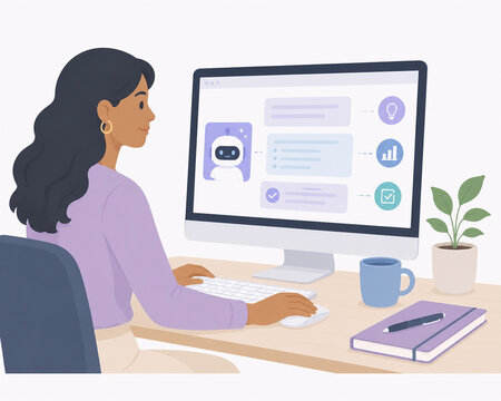 Illustration of Office Worker Using AI Assistant on Computer