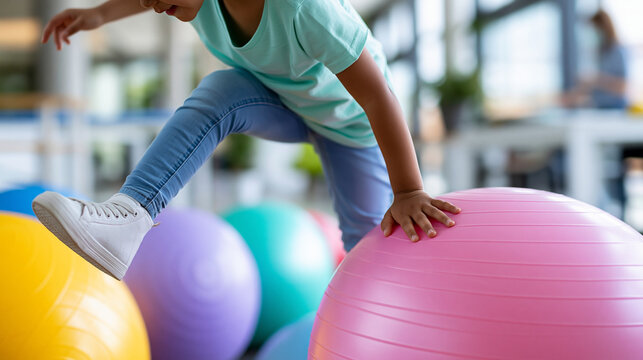 Young child playfully navigating colorful exercise balls during a fun physiotherapy session in a bright rehabilitation center, pediatric therapy and motor development concept,