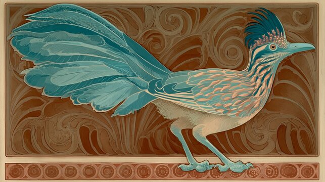 Painting of a road runner bird in the style of art nouveau