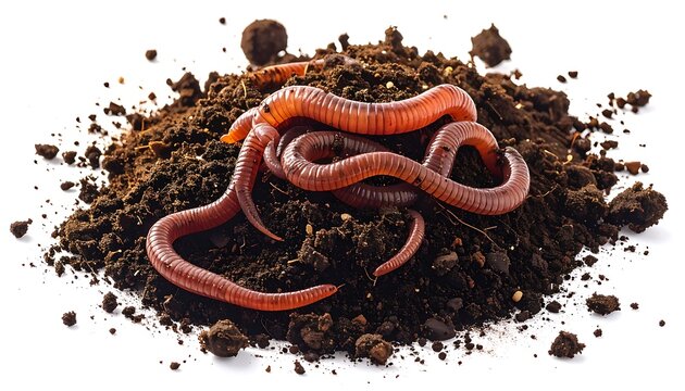 Red wiggler worms in soil pile.