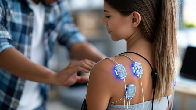 TENS therapy device attached to a patient's upper back during a physiotherapy session, electrical muscle stimulation and pain management concept, faceless, defocused , with copy