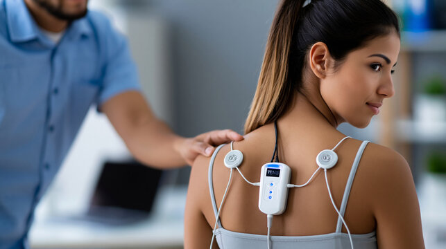 TENS therapy device attached to a patient's upper back during a physiotherapy session, electrical muscle stimulation and pain management concept, faceless, defocused , with copy