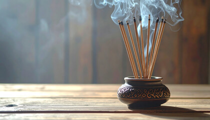 Fototapeta premium Set of incense sticks smoldering in elegant ornate burner, soft aromatic smoke flowing upward, wooden table, spa and wellness aesthetic, calming meditation concept. Close-up.