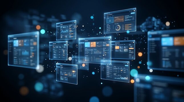 Modern digital dashboards display real-time data analytics and business intelligence on floating transparent screens in a futuristic technological environment.