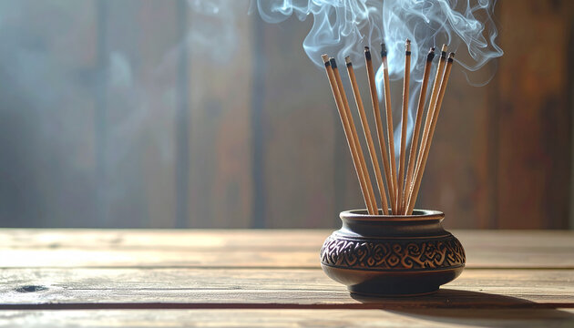 Set of incense sticks smoldering in elegant ornate burner, soft aromatic smoke flowing upward, wooden table, spa and wellness aesthetic, calming meditation concept. Close-up.