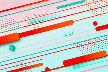 Fototapeta premium This 3D rendered abstract background features dynamic diagonal lines, geometric shapes and dotted motifs in vibrant pink, red, orange and cyan tones.