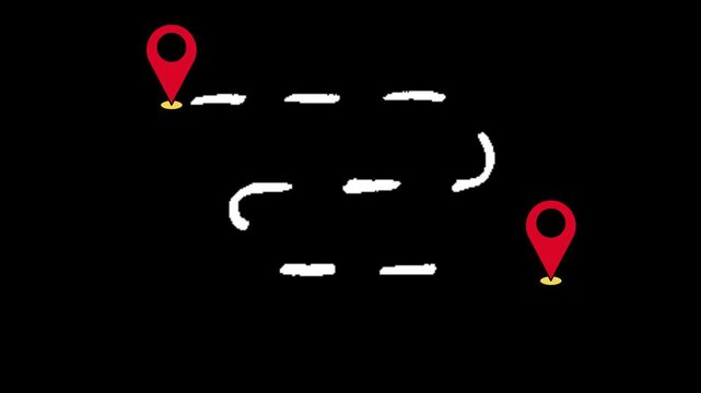 Red Map Location Pins Looped Route Animation with White Dotted Path Lines on Black Background