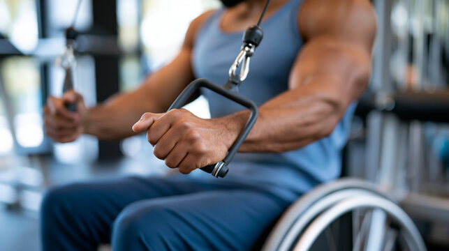 Anonymous man in a wheelchair performing cable machine exercises in an inclusive gym, physical therapy and strength training rehabilitation concept, faceless, defocused , with