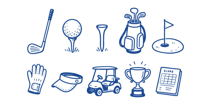 Hand-drawn golf tournament equipment and accessory sketch icon set vector illustration on white background