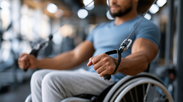 Anonymous man in a wheelchair performing cable machine exercises in an inclusive gym, physical therapy and strength training rehabilitation concept, faceless, defocused , with