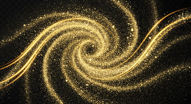 Golden spiral pattern with glittering particles on black background