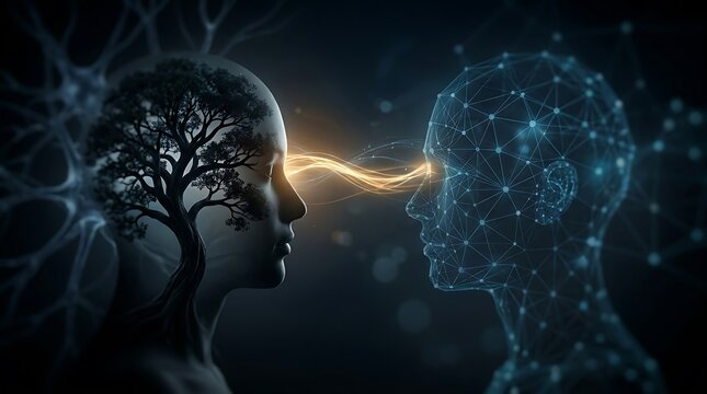 Human Brain and AI Connectivity Concept, Tree of Life Metaphor Communicating with Digital Networked Mind