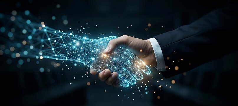 Digital handshake between business professionals symbolizes a modern partnership in a futuristic network of glowing connections and data.