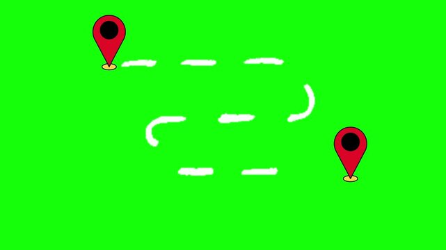 Red Map Location Pins Route Animation with White Dotted Path Lines on Green Screen Chroma Key. Looped Route Animation