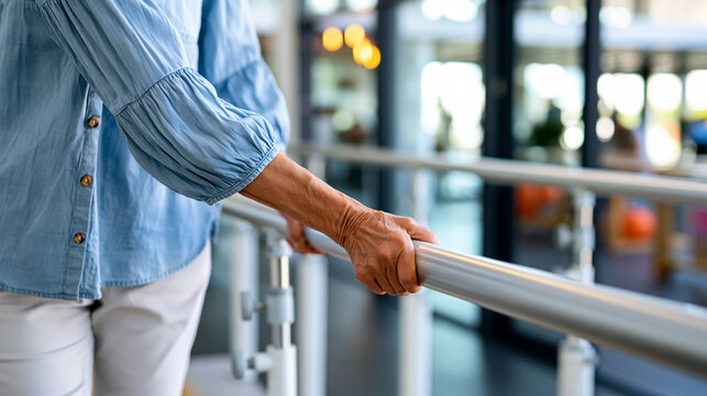 Anonymous elderly patient walking assisted by parallel bars in a modern rehabilitation gym, post-surgery recovery and physiotherapy progress concept, faceless, defocused , with