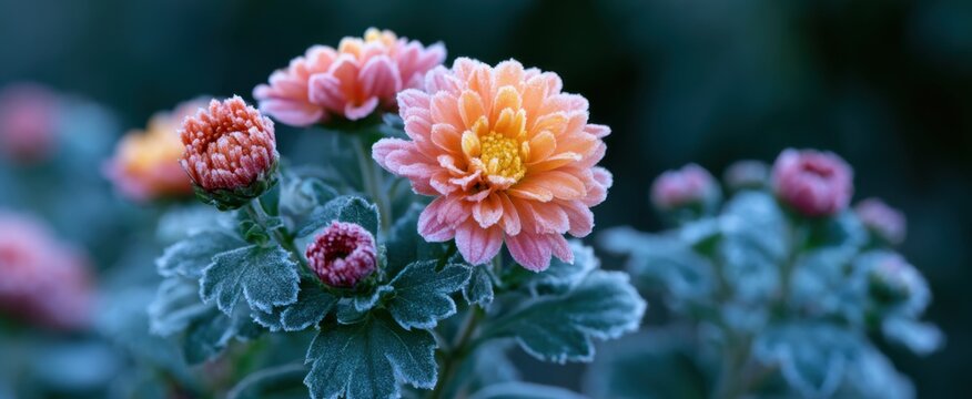Early autumn frost covers chrysanthemum blooms and foliage in garden patch, October frost on flowers during unexpected cold snap. Natural background