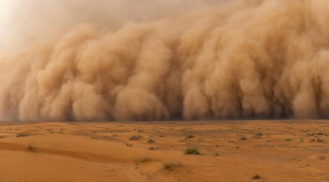 Massive sandstorm approaching desert landscape