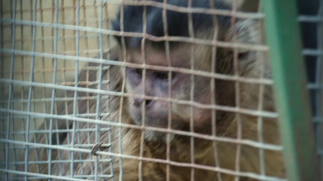 Detailed portrait of a monkey looking through a wire enclosure