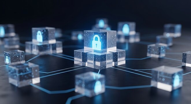 Abstract blockchain network of glowing transparent cubes with secure lock icons, representing digital security and data encryption technology.