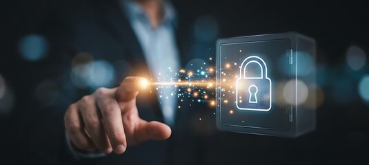 Fototapeta premium Businessman's hand touching digital padlock icon on futuristic safe, symbolizing data security, privacy, and network protection