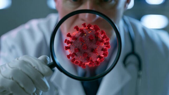 Doctor looking at red virus cell through magnifying glass. Scientist studying coronavirus structure. Medical research and virology concept