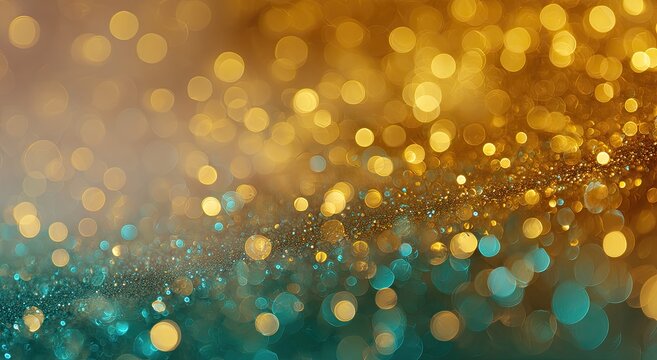 Sparkling golden and teal lights dance with ethereal bokeh effects